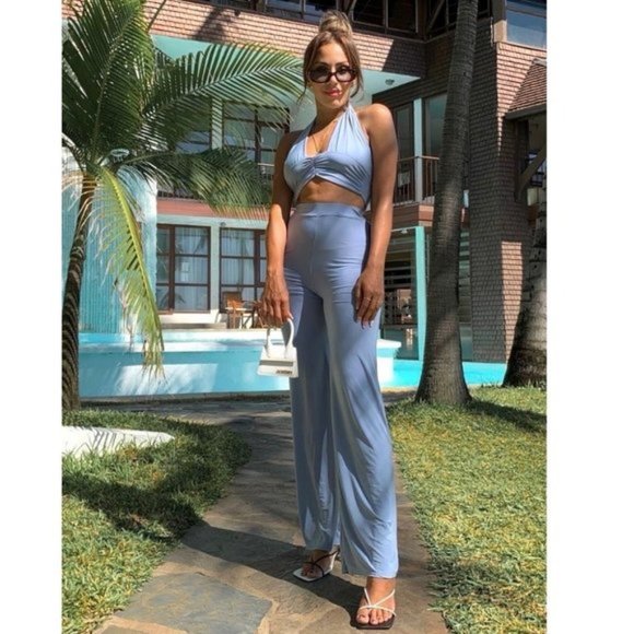 Blue Sleeveless Halter Neck Crop Top and High Waist Wide Leg Pants Two Piece Set - Picture 4 of 12